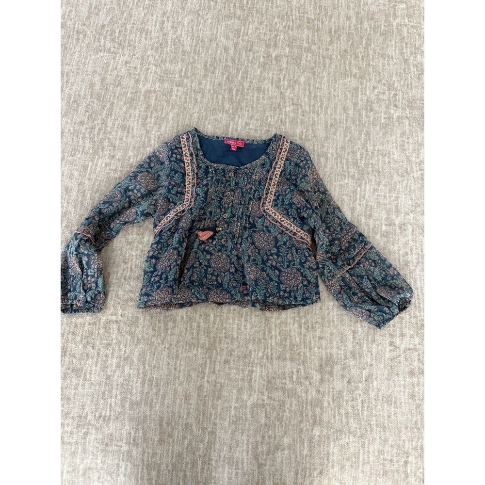 Biba girls top size 6-7 years blue ruffle long sleeve blouse